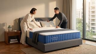 Couple making a bed with a queen mattress in a modern Singapore bedroom with warm wood flooring and natural light