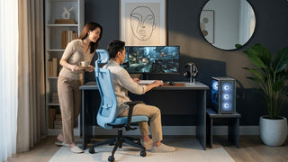 Couple using a PC gaming desk setup with ultrawide monitor in a modern gaming corner