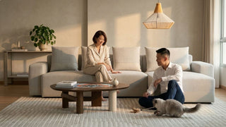 Singaporean couple relaxing beside a beige sectional couch in a warm modern living room