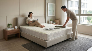 Couple relaxing in a modern Singapore bedroom with a white mattress, beige upholstered bed frame, bedside table, and large window