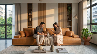 Couple relaxing with a cat on a tan 4 seater sofa in a bright HDB living room