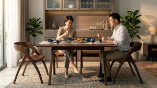 Couple dining at a wooden picket-and-rail table in a cosy Singapore dining area