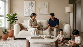 Family enjoying a cream 3-seater sofa in a bright modern Singapore home