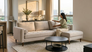 Woman adjusting cushions on a cream L-shaped sofa in a small Singapore living space with city views and neutral decor