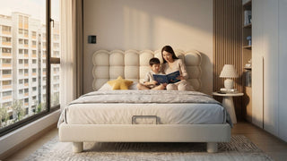 Mother reading with child on a cream upholstered kids bed frame in a warm modern Singapore bedroom