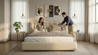 Cream leather bed frame with upholstered headboard in a cosy warm neutral bedroom