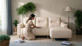 Woman cleaning a cream leather sofa in a Singapore living room with plants, soft daylight, and neutral home styling
