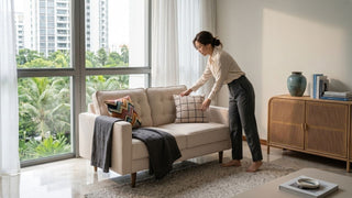 Woman arranging pillows on a cream settee in a modern Singapore condo living room with large windows