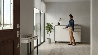 Woman opening a cream shoe rack cabinet near the main door in a Singapore home