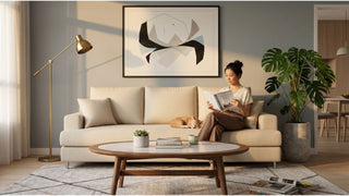 Cream sofa in a cosy Singapore living room with coffee table, houseplant and cat relaxing beside homeowner