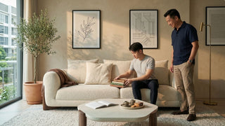 Father and son organising books on a cream sofa in a warm Singapore condo living room with coffee table and plants