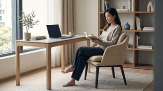 Woman reading in a cushioned desk chair beside a wooden desk in a bright Singapore home office.