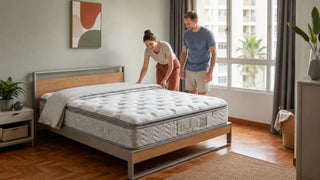 White custom mattress on a modern bed frame in a compact Singapore bedroom with a couple arranging bedding
