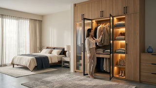 Custom wardrobe in a Singapore bedroom with open doors, warm lighting, hanging clothes, shelves, and organised storage.