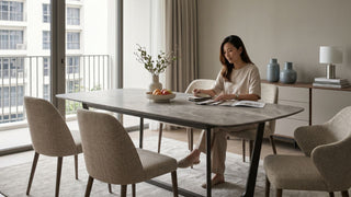 Woman reviewing dining table samples at a grey stone dining table in a modern Singapore condo dining room.