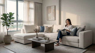 Beige customised sectional sofa in a Singapore living room with soft curtains, coffee table, indoor plant, and neutral decor.