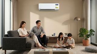 Family relaxing in a Singapore living room with Daikin wall-mounted aircon and modern neutral furniture