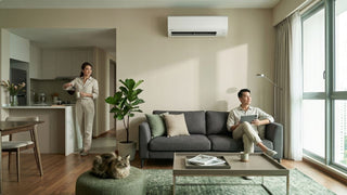 Daikin aircon above a grey sofa in a bright Singapore condo living room with furniture, plants, and cat