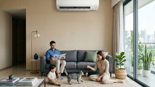 Daikin aircon in a bright Singapore living room with young family, grey sofa, cat, balcony plants, and city view