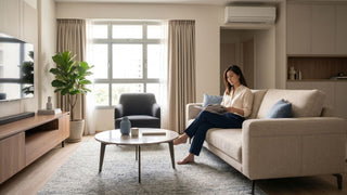 Woman reading on beige sofa in a compact Singapore living room with Daikin wall-mounted aircon, coffee table, TV console, and soft neutral furniture layout.
