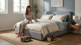 Woman sitting on a grey upholstered bed frame in a Singapore bedroom with cats, showing a calm local furniture setup with soft bedding.
