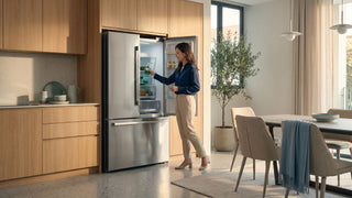 Woman inspecting a new refrigerator in a modern Singapore kitchen, highlighting local delivery and after-sales support for damaged appliance claims.