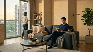 Dark grey 3-seater sofa in a Singapore condo living room with balcony views, coffee table, cushions, and warm lighting