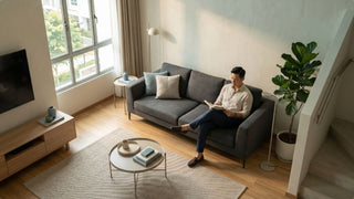 Dark grey 3-seater sofa in a compact Singapore maisonette living room beside the staircase
