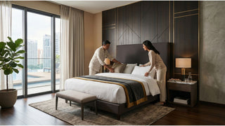 Couple styling a dark upholstered bed frame in a modern Singapore condo bedroom with city view