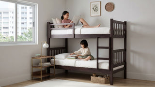 Children reading on a dark wood bunk bed in a modern Singapore HDB-style bedroom with natural light