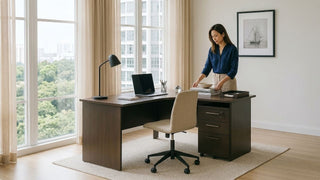 Woman arranging items on a dark wood study desk with drawers in a bright Singapore home office
