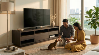 Couple playing with a cat beside a dark wood TV console in a bright Singapore condo living room