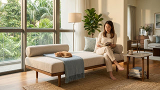 Woman reading on a beige daybed beside large balcony windows in a Singapore apartment, showing a daybed used as both seating and guest sleeping space.