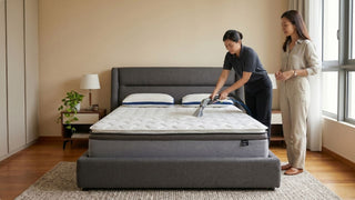 Professional deep clean mattress service in a Singapore bedroom with a technician cleaning a white mattress while a homeowner observes
