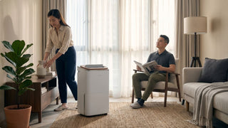 Dehumidifier in a bright Singapore living room helping reduce indoor humidity while homeowners relax and style the space.