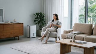Woman relaxing in a Singapore living room with a dehumidifier near the window for daily humidity control.