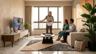 Designer presenting a living room plan to a couple in a furnished Singapore home