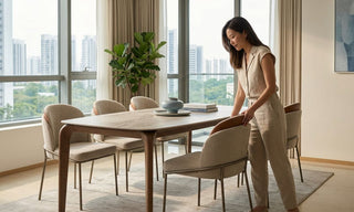Woman checking dining chair clearance in a Singapore condo dining area with upholstered chairs and a rectangular table