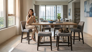 Woman having coffee beside a counter-height dining table with stools and a cat in a bright Singapore condo dining area.