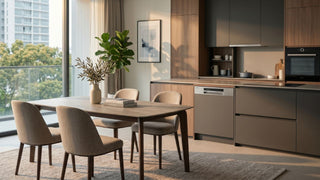 Modern Singapore open-plan kitchen and dining area with a built-in dishwasher, warm wood cabinetry, and compact condo layout.