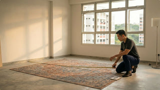 Man measuring a rug in an empty HDB living room during DIY home renovation planning