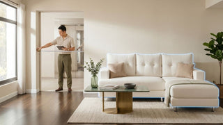 Man measuring doorway clearance beside a white sectional sofa to check furniture delivery fit in a Singapore home
