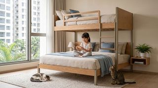 Wood and metal double deck bed frame in a Singapore bedroom with a child on the lower bed
