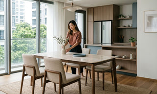Double door fridge in an open-plan Singapore condo kitchen beside a dining table and balcony windows