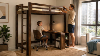 Double loft bed with study desk in a modern Singapore bedroom, showing a practical space-saving setup for a child’s room.