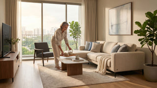 Retired woman arranging tea in a calm downsized living room with compact sofa, armchair, coffee table, and TV console