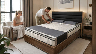 Dr.Maxis mattress in a modern Singapore bedroom with a couple arranging the bed in a practical home setting