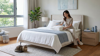 Woman arranging pillows on a Dreamster-style mattress in a bright Singapore bedroom with a cat nearby