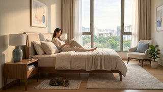 Woman reading on a neatly styled mattress in a bright Singapore bedroom with warm wood furniture and city views.