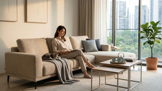 Woman reading on a neutral sofa in a Singapore apartment with city views